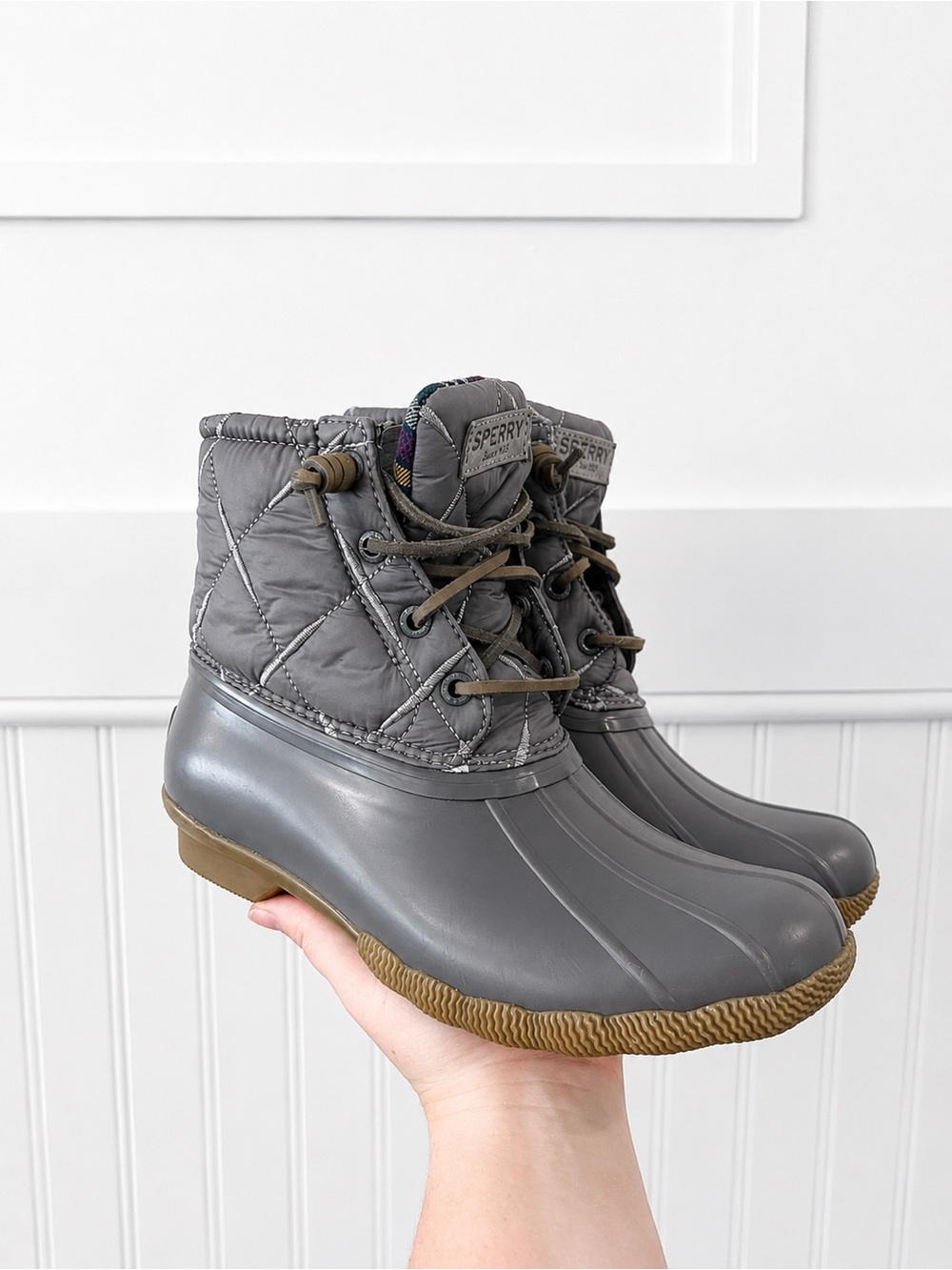 Sperry Quilted Gray Duck Boots with Tan Sole